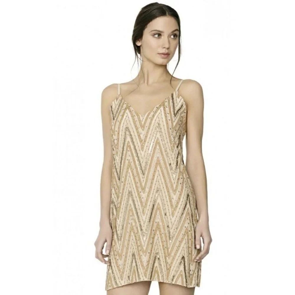 NWT $698 ALICE + OLIVIA Sz 8 AVALON EMBELLISHED BEADED MINI SLIP DRESS NUDE
